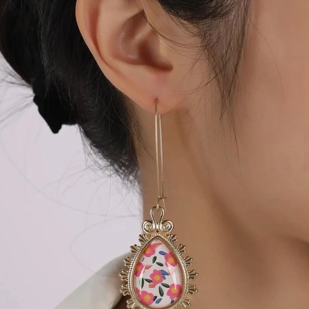 2/$30🌵 Gold Pink Floral Teardrop Cabochon Earrings NEW Jewelry Gift Long Dangle